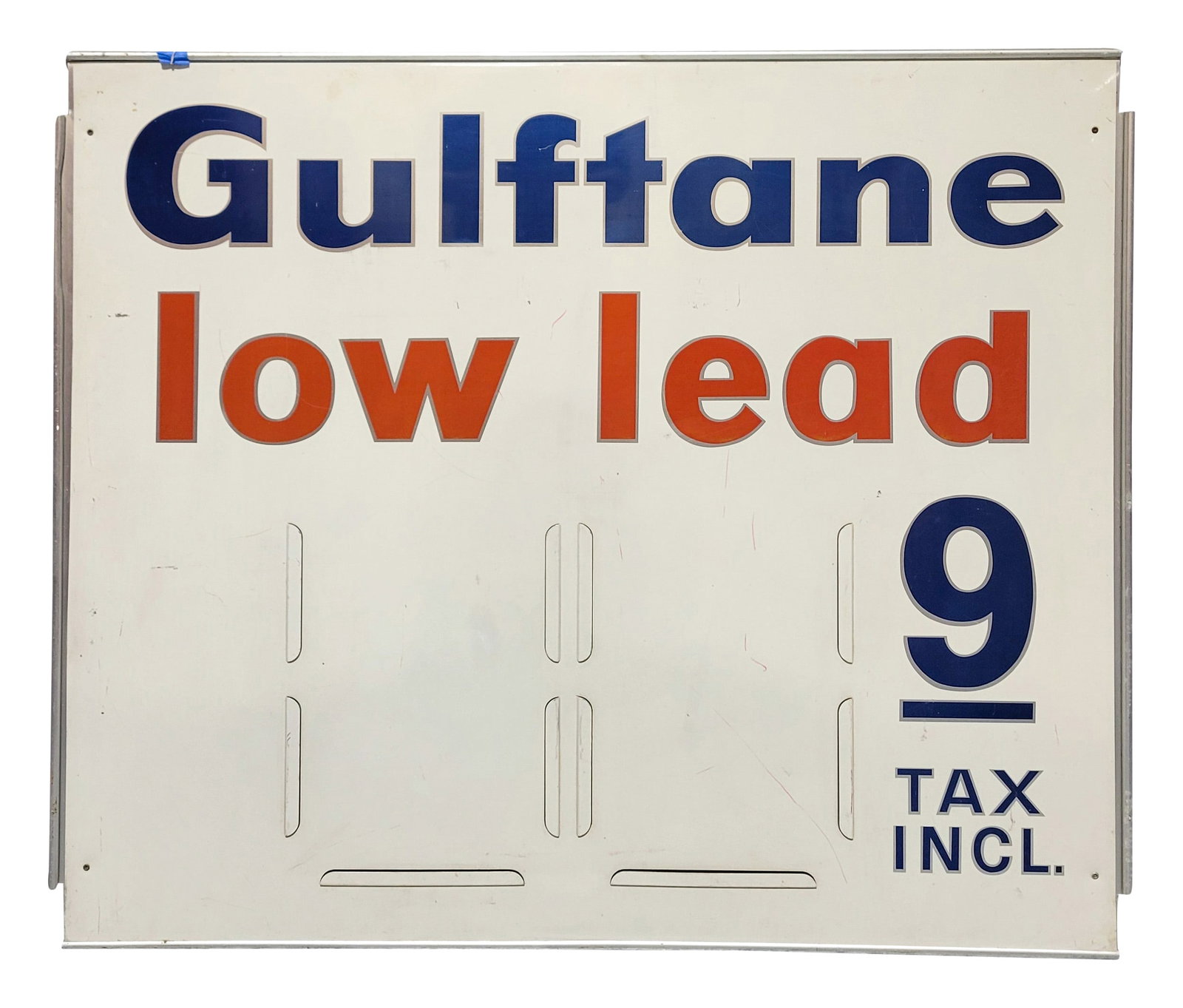 Gulftane Low Lead Service Station Price Sign: 46" x 39", Double sided aluminum service station pricer sign with rolled edge frame. Both sides display fairly well with a few light scratches and scuffs throughout the field. >>>>>>>>> PLEASE NOTE, T