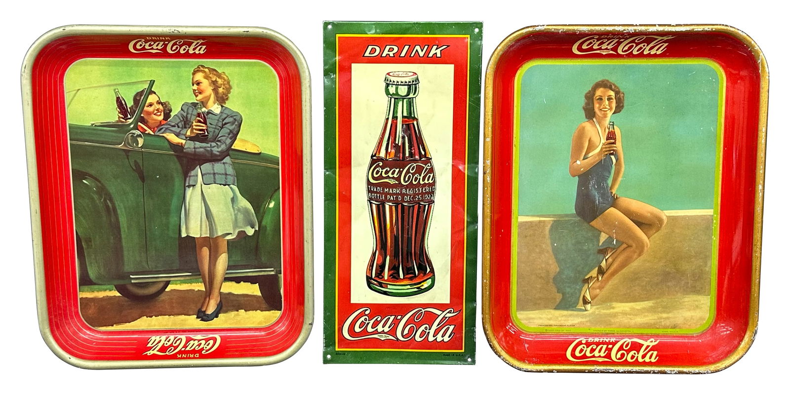 Coca Cola Embossed. SST Sign w/ Christmas Bottle & 2 Advertising Trays (1 of 2)