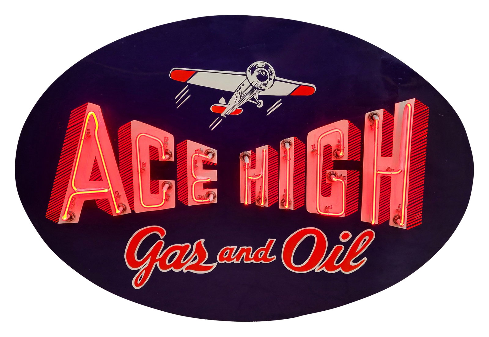 Ace High Gas and Oil Neon: 60" x 41' x 6"d, Reproduction painted metal sign with airplane graphics and red neon. The can is metal and the sign is in excellent working condition. >>>>>>>>> PLEASE NOTE, THERE IS ONLY ONE WAY TO P