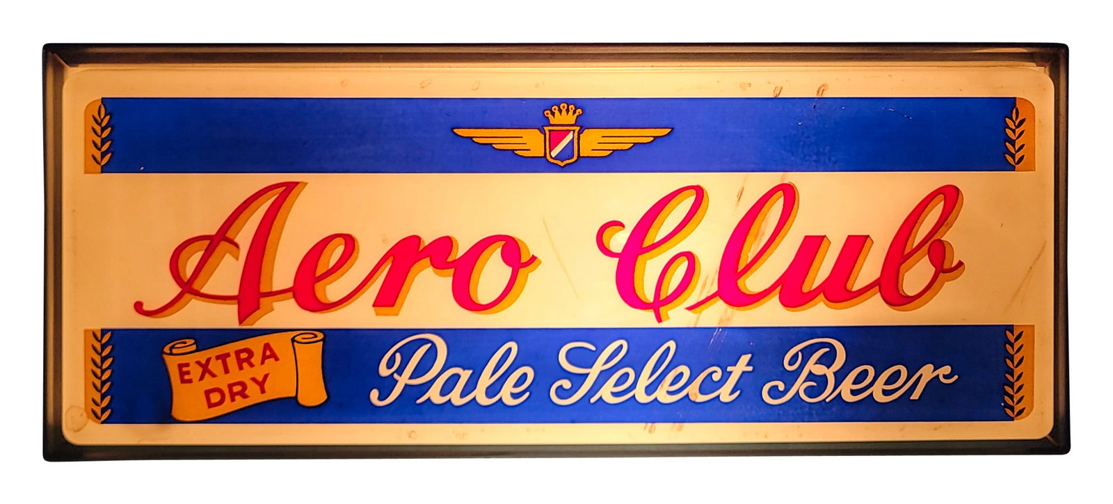 Aero Club Pale Select Beer Light Up Sign: 14.5" x 4" x 6"h, Working light up plastic sign with metal housing. The plastic face has stained scratches but has good color overall. The metal can has light wear and the original Ohio Advertising Di