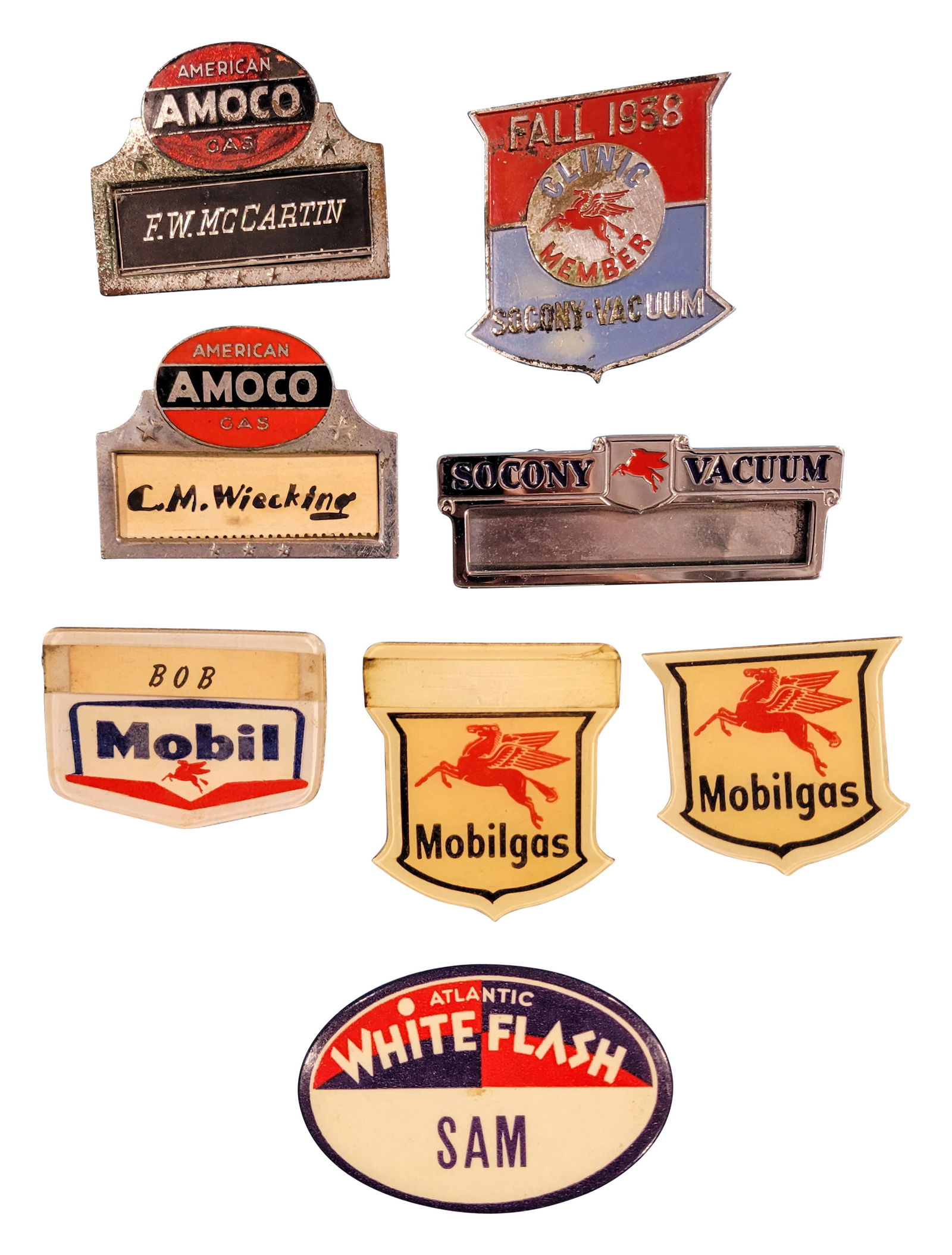 Mobilgas, Socony, Atlantic White Flash and Amoco Service Station Attendant Name Badges (1 of 2)