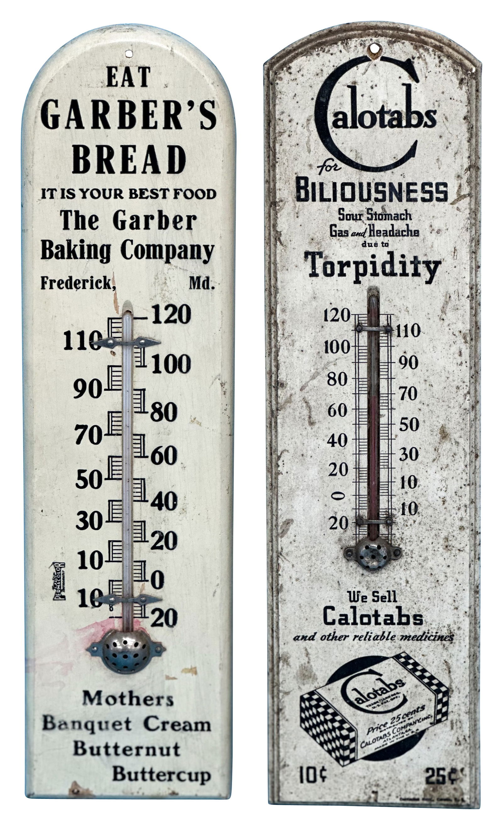 Lot of 2 Wooden Thermometers Eat Garber's Bread & Calotabs (1 of 2)