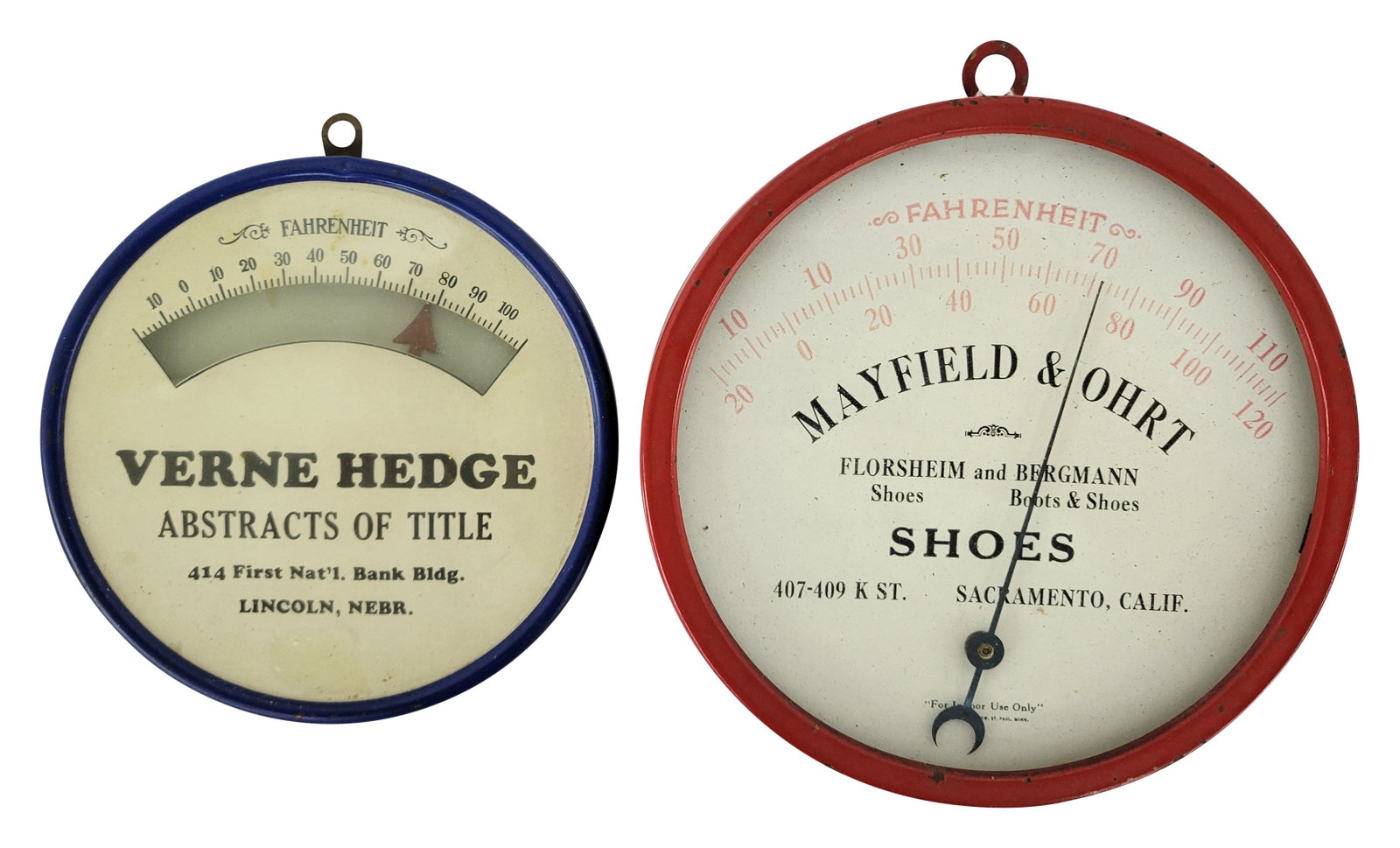 Mayfield and Ohrt Shoes / Verne Hedge Round Thermometers: 6", Round Mayfield and Ohrt Shoes thermometer with glass face and metal housing in good working condition. The inside of the glass face has small specks of dirt. Sacramento, Calif. Also included is a 