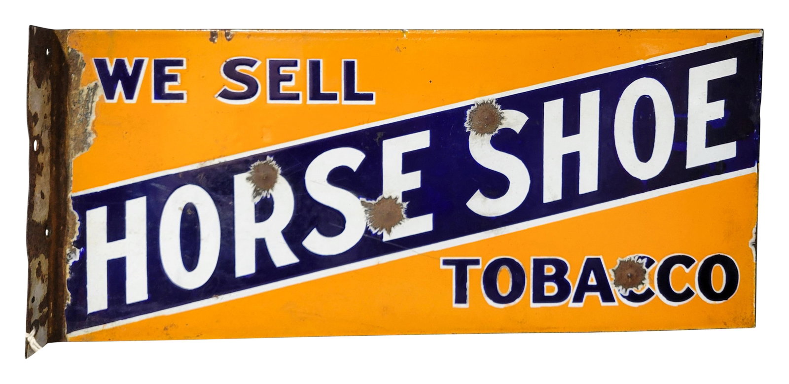 We Sell Horse Shoe Tobacco Porcelain Flange Sign: 18" x 8", DSP flange sign with good gloss and gloss. Both sides have large porcelain chips with bullet dings. The flange hanger has porcelain loss and rust. >>>>>>>>> PLEASE NOTE, THERE IS ONLY ONE WA
