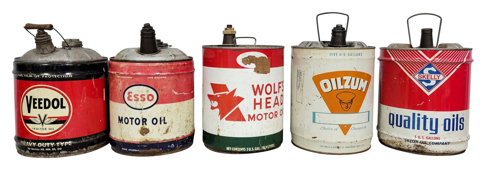 Veedol, Oilzum, Wolf's Head, Skelly, Esso Oil Cans (1 of 2)