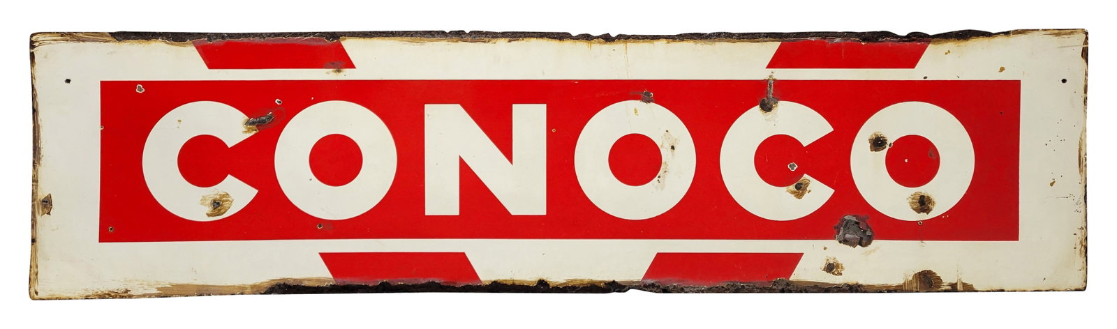 Conoco DSP Sign: 75.5" x 19.5", Double sided horizontal sign with both sides showing porcelain chips with staining. There is heavy edge wear with rust. The sign has been cut from a larger ID sign. >>>>>>>>> PLEASE NOT