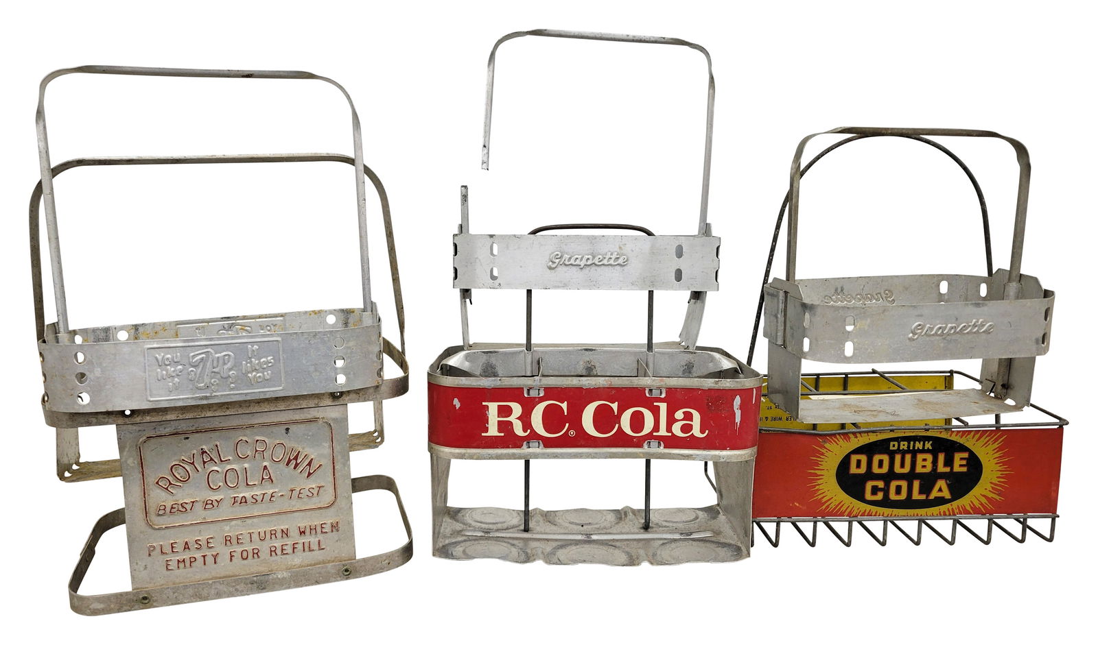 6 Aluminum bottle carriers including Coca Cola, Royal Crown Cola, Grapette, and 7up (1 of 3)