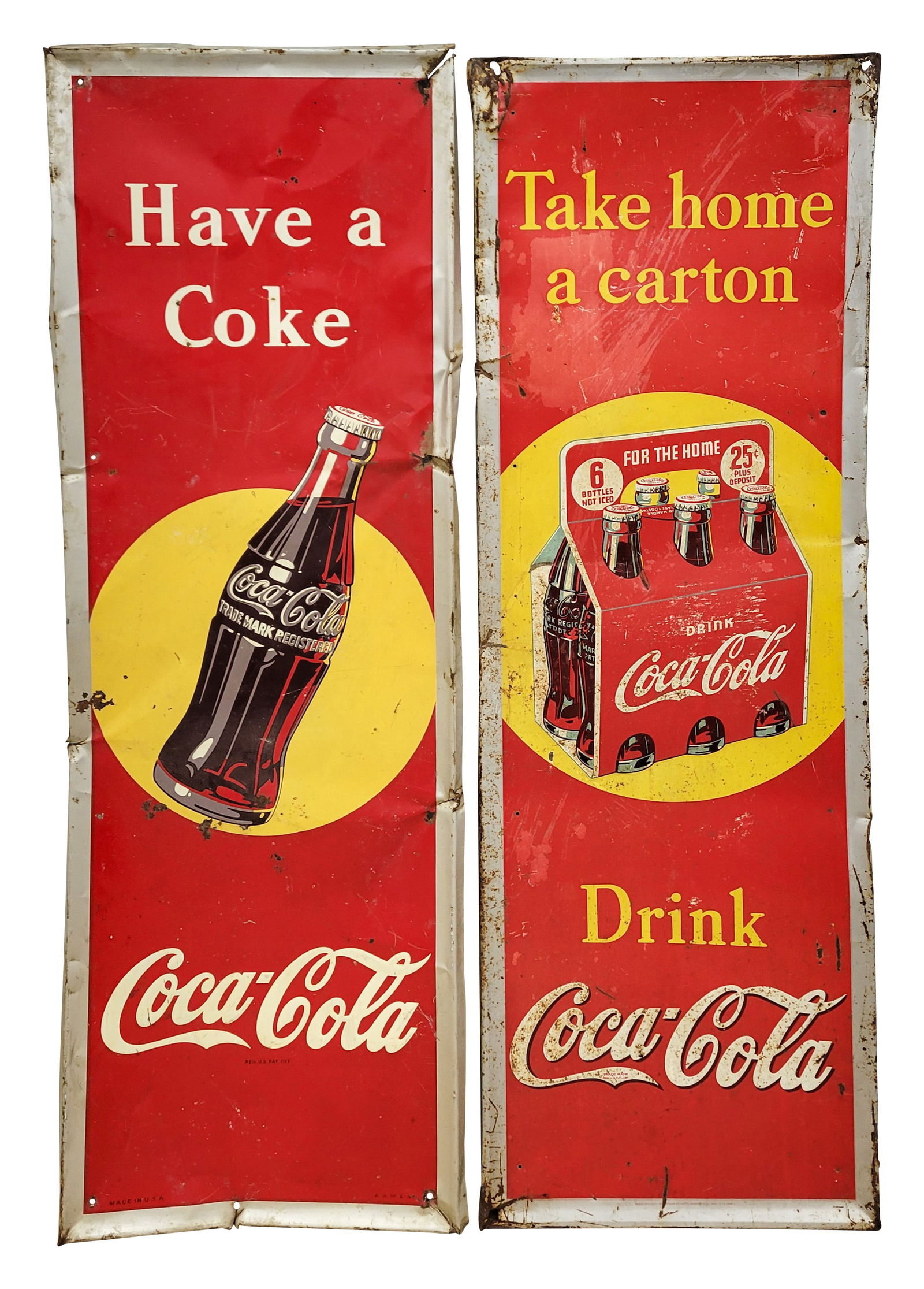 Lot of 2 Coca Cola 54" Vertical SST Signs "Take Home a Carton" & "Bottle in Sun" Logo (1 of 2)