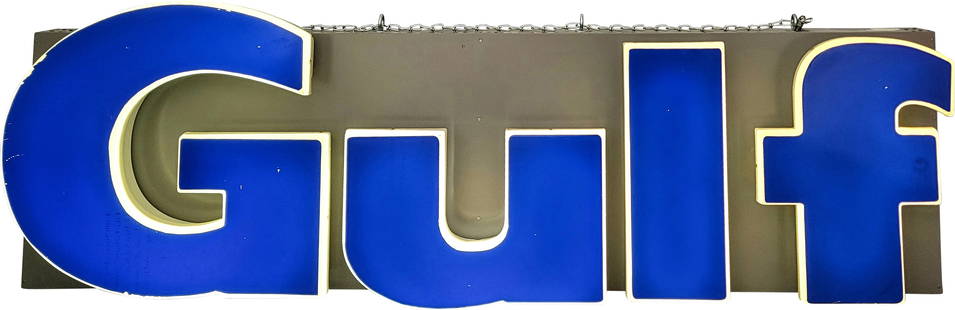 Gulf Gasoline Service Station Lighted Letter Sign: 25" x 84" x 8.5", Single sided multi-piece plastic letter sign with metal can has good color. The letters light as they should. The fields have light wear with areas of discoloration and chips to the