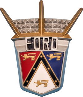 1950's Ford Dealership Crest Sign: 20" x 24" x 2.5" 1950s embossed plastic sign, featuring the Ford dealership crest, is in very good condition given its age. The colors are well-preserved, and it shows no signs of cracks or damage. Un