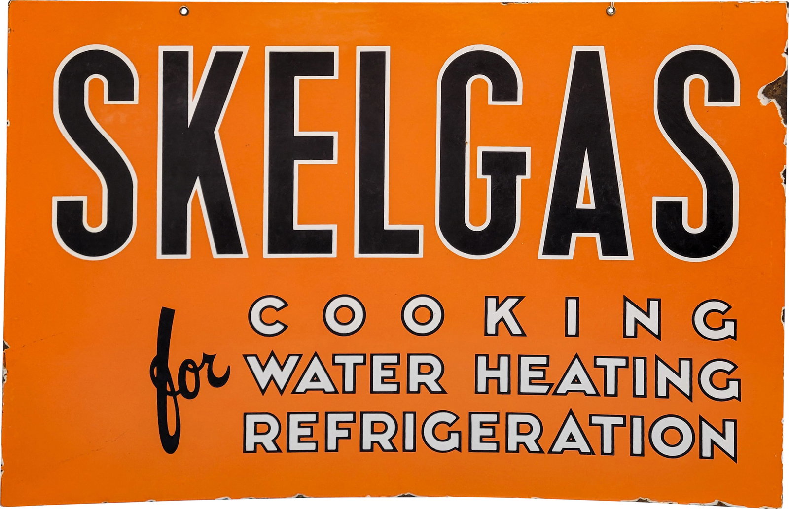 Skelgas Cooking Water Heating Refrigeration 3' DSP Sign: 24" x 36", DSP sign has excellent color and gloss. Side #1 has a tiny chip in the "G" of Skelgas and additional chips along the outer edges. The reverse has larger chips in the upper fields. Both fact