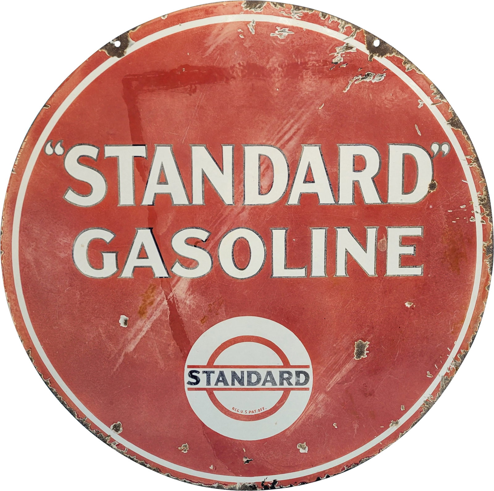 Standard Gasoline Motor Oil 36" DSP Logo Sign: 36", DSP sign has moderate color and gloss. The "Gasoline" side has discoloration with fading and chips in the fields. The perimeter has crazing with edge wear. The reverse has general fading with chi