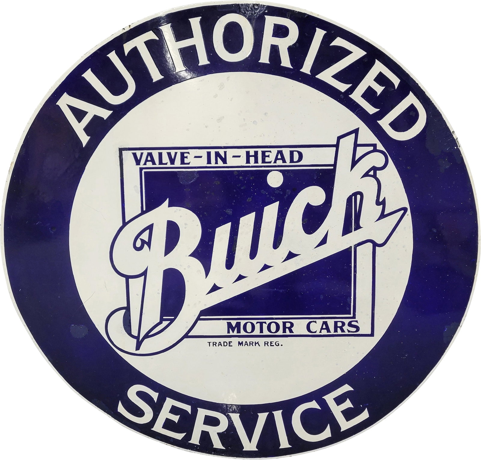 Buick Motor Cars "Valve in Head" Authorized Service 42" SSP Sign: 42" D, SSP sign has very good color and gloss. The field has numerous tiny chips with areas of touch up present. The outer fields and perimeter have larger chips with additional touch up and areas of 