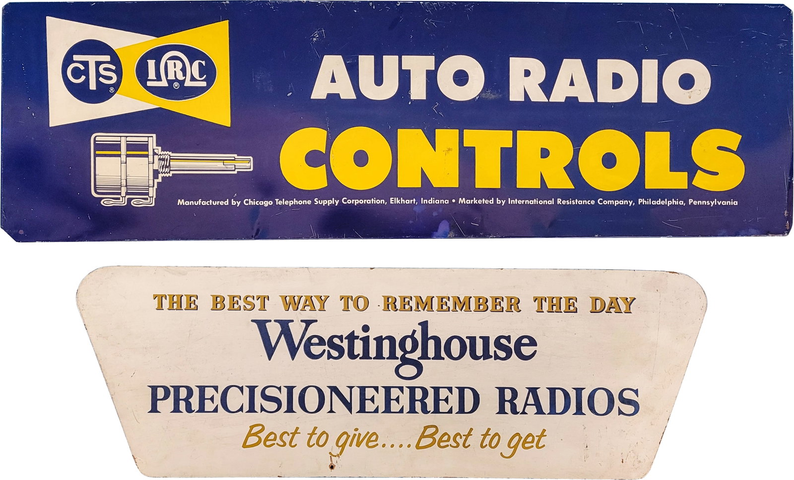 Westinghouse and Auto Radio Controls Signs: Lot of 2 signs including a 29.5" x 8.75" SST sign with normal wear including scuffs, scratches and small bends. The second sign is a 23.5" x 8" painted masonite Westinghouse Precisioneered Radios sign