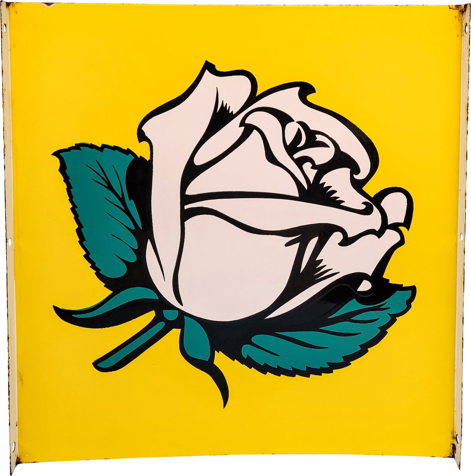 White Rose Gasoline DSP Panel Sign: 17.5" x 18" DSP with rolled edges displays bold colors and high gloss on each side. One side has small chips along the top edge and minor edge wear is present. There is a factory blemish in the yellow