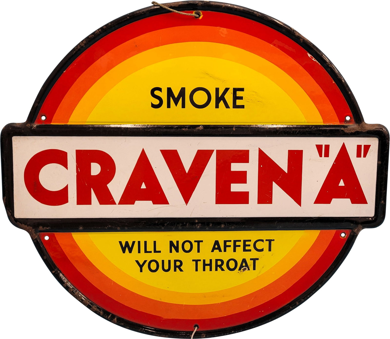 Smoke Craven "A" SSP Sign: 24" x 22" SSP sign has a rolled edge. The surface shows multiple scratches and scuffs, and there are porcelain chips present around the perimeter. The bottom left corner is also bent. Condition: 7.5.