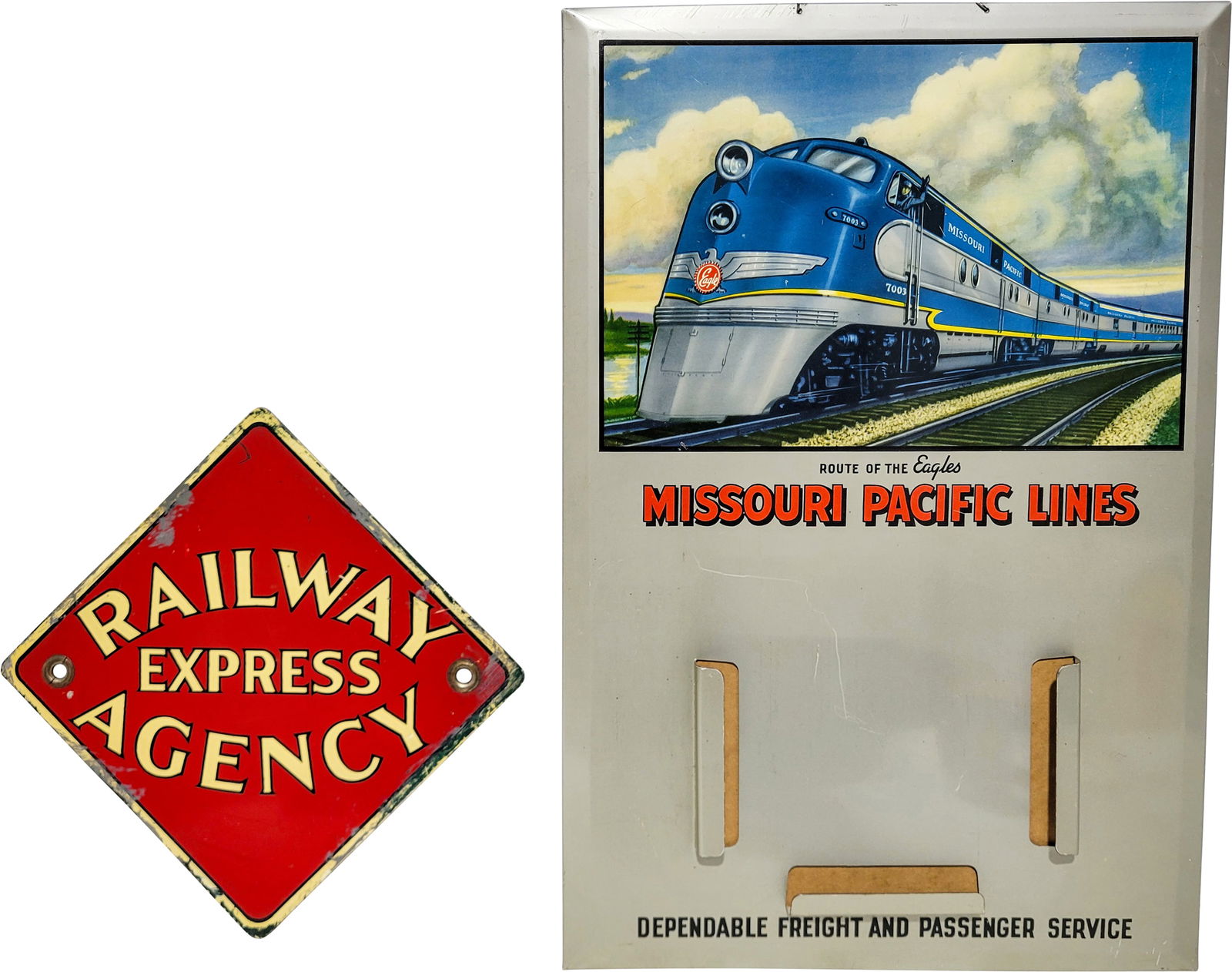 Railway Express Agency Sign and Missouri Pacific Lines Calendar Holder (1 of 2)