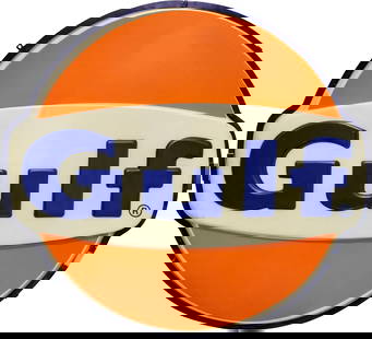 Gulf Service Station Emb. Plastic Lighted Sign Face: 51" x 55", embossed die cut plastic sign face with metal ring has good color. The field exhibits light wear with toning to the white background The perimeter has areas of discoloration and minor soili