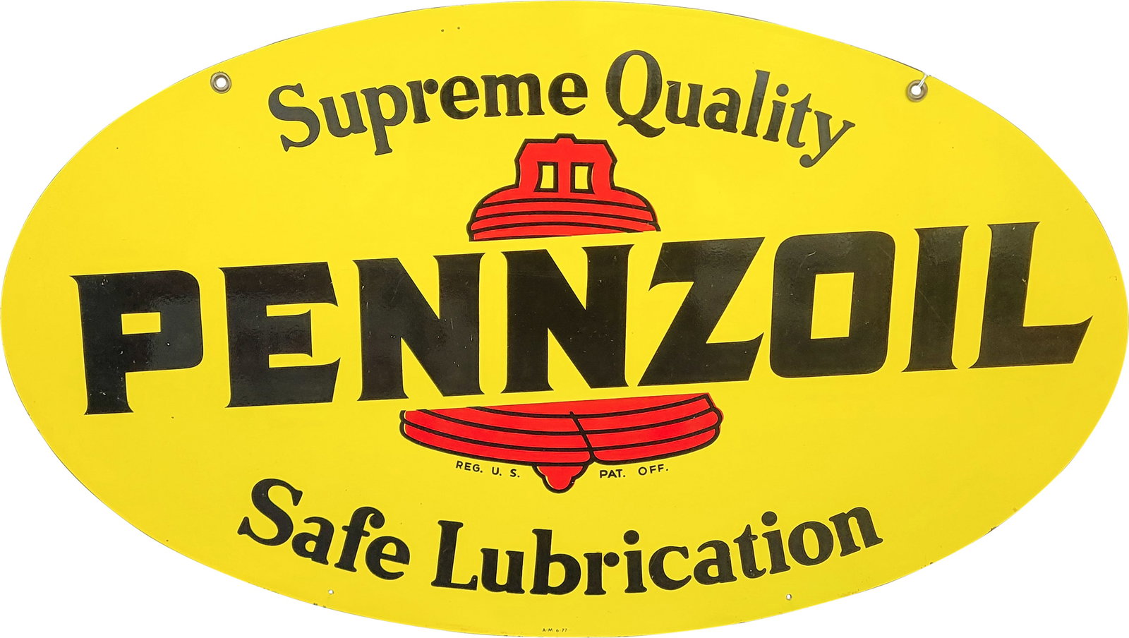 Pennzoil Supreme Quality and Safe Lubrication DST Sign: 30.75" x 18" DSP Pennzoil sign exhibits vibrant color and a high shine finish on both sides. The first side displays minor light scuffs and slight edge wear. The reverse side is comparable, featuring 