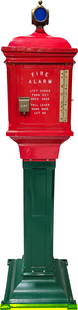 Early Milwaukee Fire Alarm Police Call Box w/ Post Mount: 84" T, Early cast aluminum Fire Alarm Police call box with post mount has been restored. The box features bright red and green paint with white embossed lettering on the doors. The paint shows light w