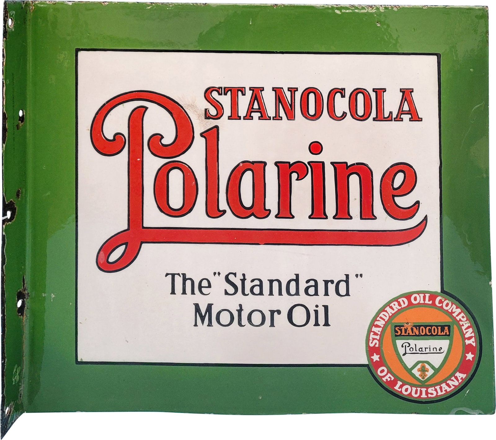 Stanocola Polarine Standard Oil DSP Flange: 22" x 20" DSP flange sign shows signs of general wear and has undergone restoration on both sides. The sign has been treated with a clear coat. It features the names Burdick Consumers Bldg., Chicago, 