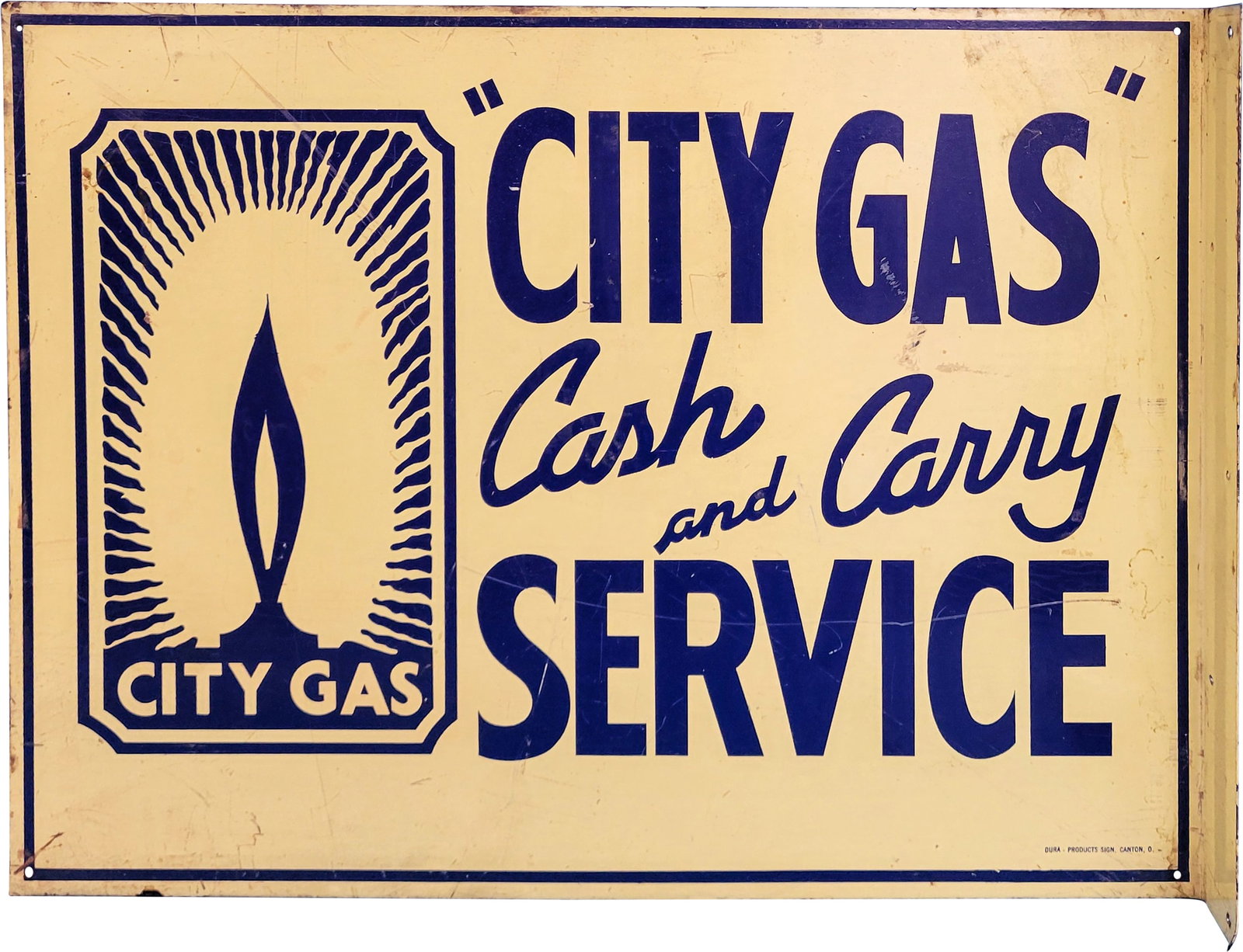 City Gas Cash and Carry Service DST Flange Sign: 18.5" x 14" DST flange sign displays general surface wear throughout in each side with light scuffs and scratches. Dura Products Sign, Canton, Ohio.