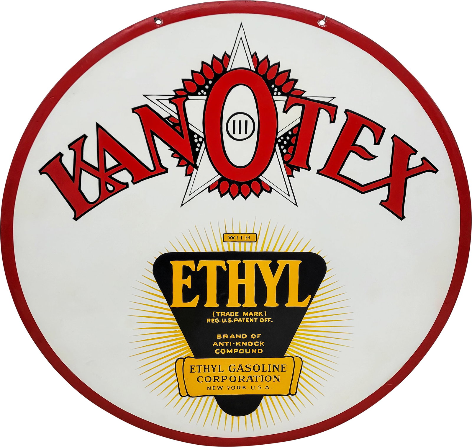 Restored Kanotex With Ethyl 30" DSP Sign: 30" DSP restored sign with both sides exhibiting a high gloss finish and vibrant colors. There is flaking in the restoration along the top edge near the mounting hole.