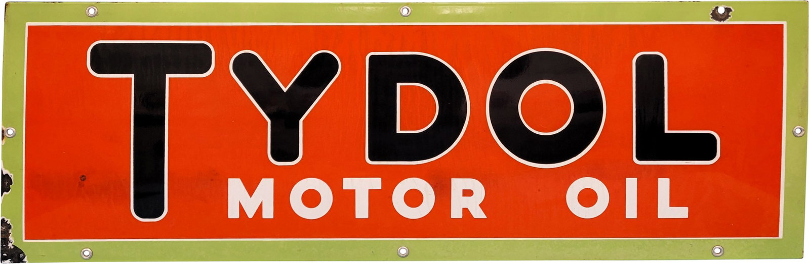 Tydol Motor Oil Horizontal SSP Sign: 42" x 14" SSP sign with bright color and high gloss. There is light toning in the field from storage as well as a small stain to the left of the black letter "T". There are a few very light scratches 