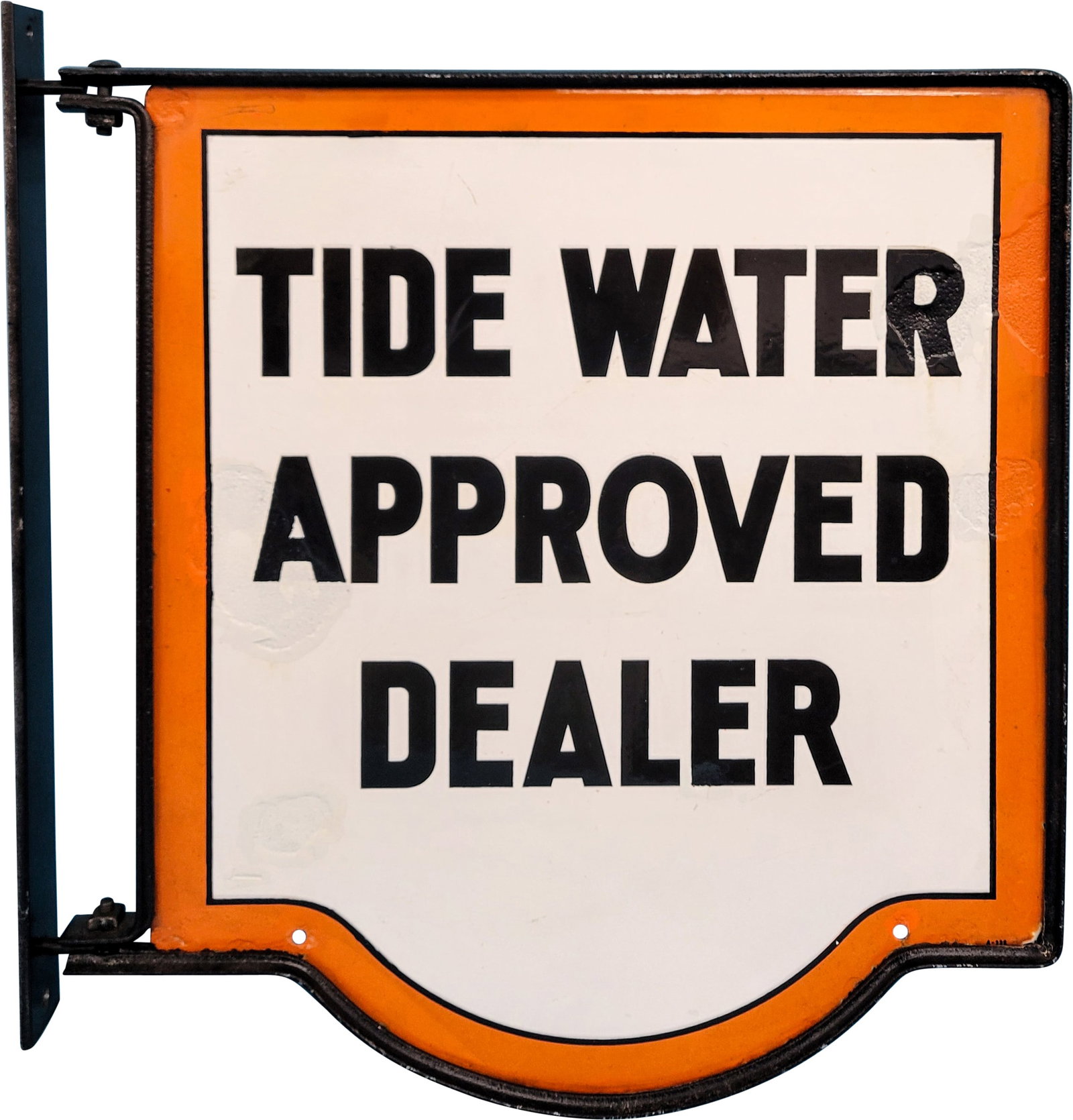 Tide Water Dealer DSP Sign With Bracket: 20.5" x 20.5" DSP sign displays bright color and high gloss on each side. There are porcelain chips in the field and around the perimeter that have been color matched. Light scratches are present on e