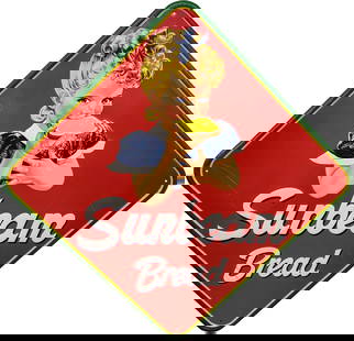 Large Sunbeam Bread SST Embossed Sign: 63" x 63" SST embossed sign with brightly colored iconic Sunbeam girl graphics. There are several large scratches on the left side with several more light scuffs and scratches present in the field. Ve