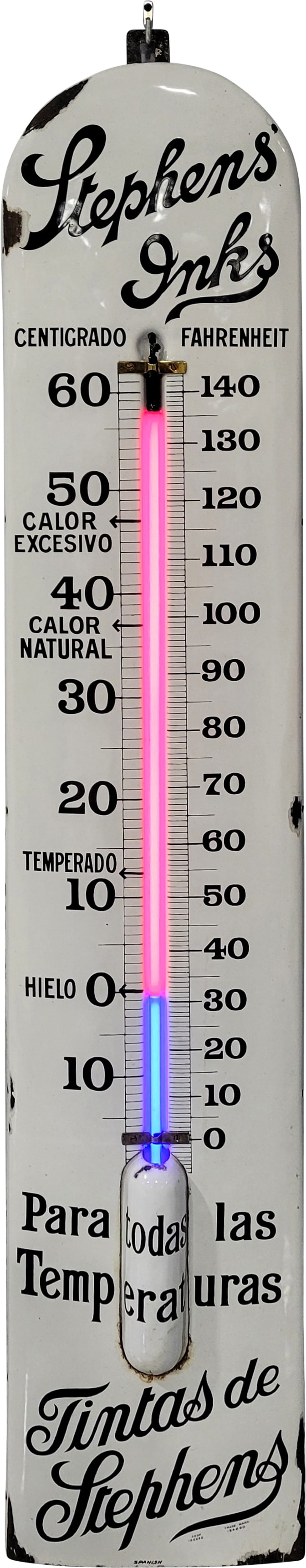 Stephens Inks 5' SSP Thermometer w/ Neon: 63" x 13", SSP convex thermometer with added neon tube has excellent color and gloss. The thermometer tube has been replaced with vibrant two color neon. The field has small chips on the tube protecto