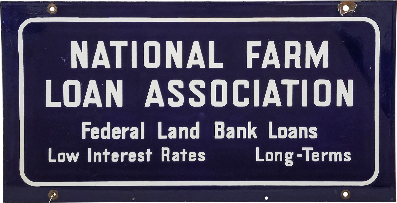National Farm Loan Association DSP Sign: 35" x 18" DSP sign with excellent color and high gloss on each side. One side has a 1" porcelain chip in the field with small chips around the top left mounting hole. The reverse has small porcelain c