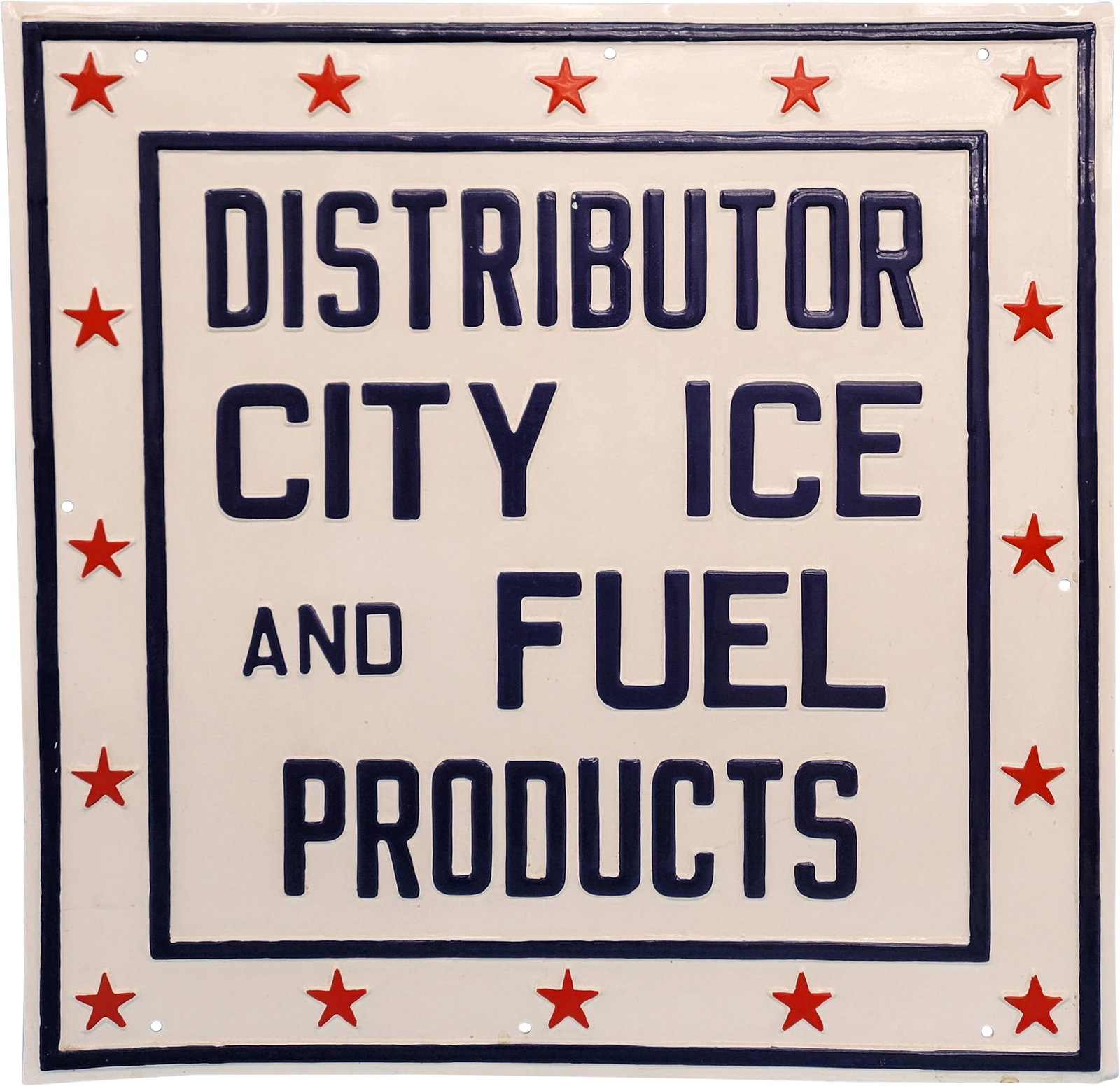 City Ice And Fuel Products Distributor SS Embossed Sign: 24" x 24" single sided metal sign features heavily embossed lettering and has been repainted. It is in excellent condition with vibrant colors and high shine. There is a slight bend at the top edge, b