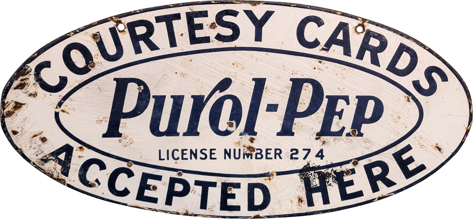 Purol Pep Courtesy Cards Accepted DSP Sign: 25" x 12" DSP sign displays heavy surface wear with porcelain chips and crazing on each side. There is wear around the perimeter and the sign has a slight bow.