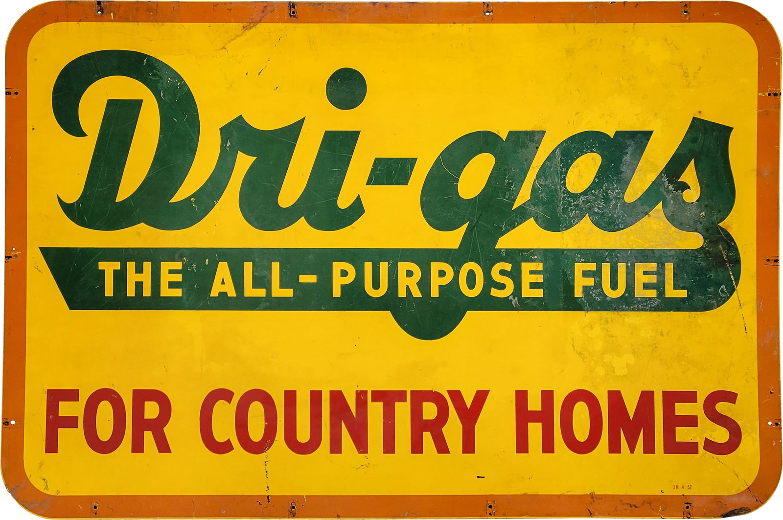 Dri-Gas The All Purpose Fuel For Country Homes DST Sign: 45.5" x 67.5", DST sign has good color and shine. Side #1 has general wear in the fields with scratches, paint chips and discoloration in the right fields. The perimeter has minor wear at the mount ho