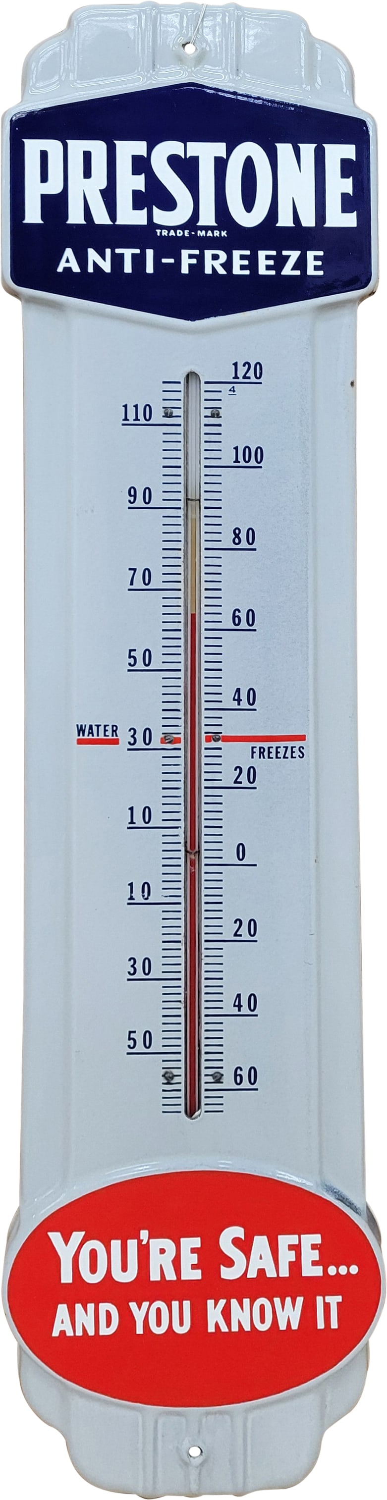 Prestone You're Safe And You Know It Porcelain Thermometer: 9" x 36" Working porcelain thermometer in very good condition with bright color and high gloss. There is a tiny chip on the right edge with minimal wear along the outer edges. Condition: 9.0.
