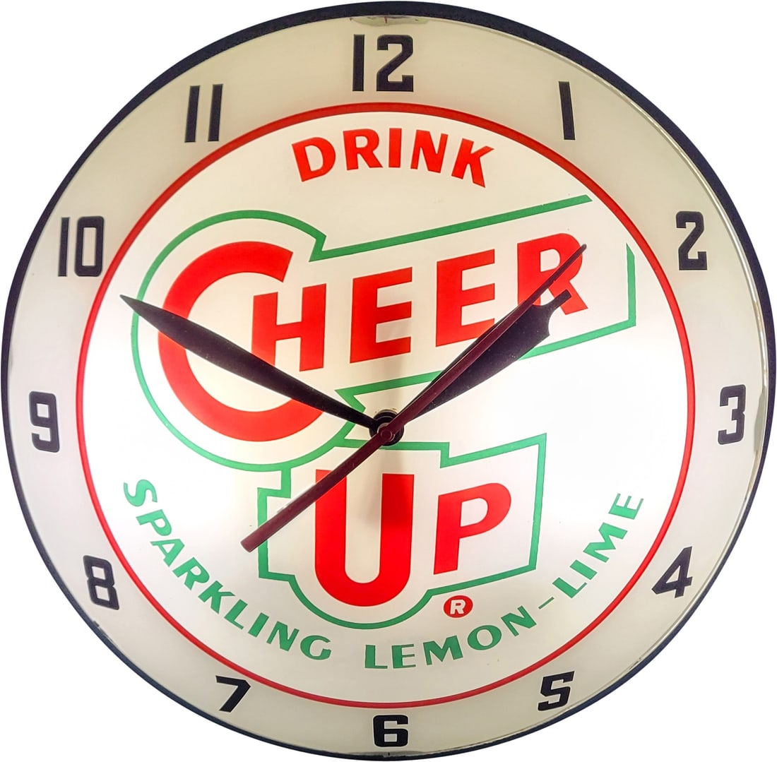 Drink Cheer Up Double Bubble Light Up Clock: 15" working double bubble light up clock with glass face and metal can. The clock is in excellent working condition with a few light scratches on the back of the can.