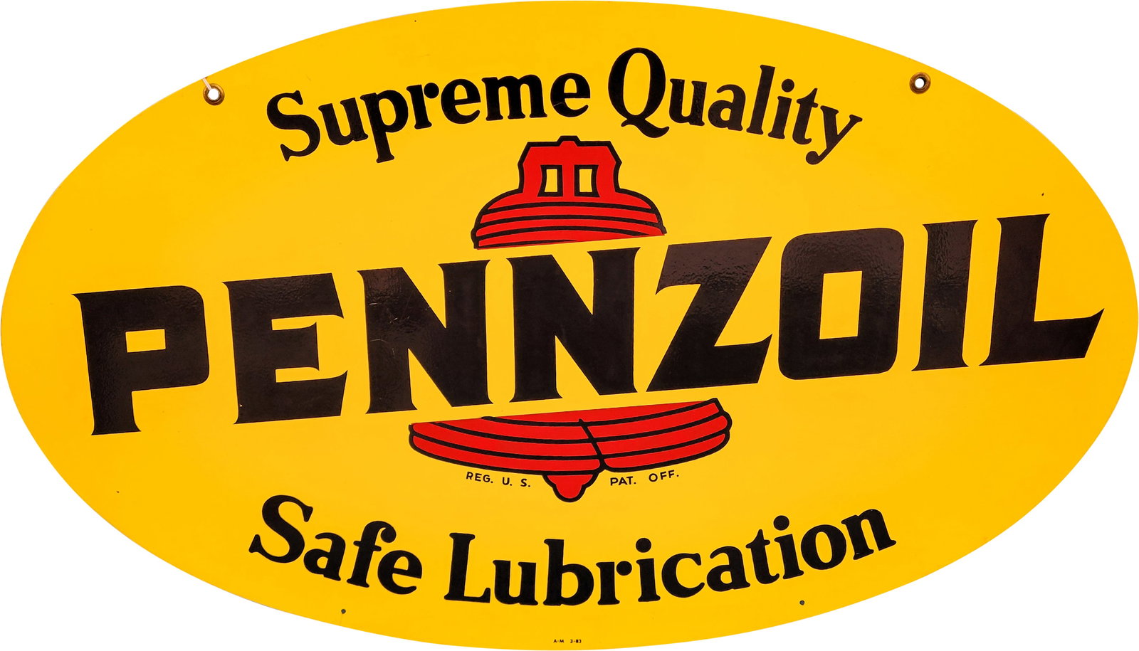 Pennzoil Supreme Quality DST Sign: 31" x 18" SST sign displays excellent color and gloss on each side. Side one has a scratch on the lower letter "b" with a few very minor fine scratches in the field. The reverse is similar with a few 