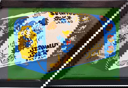 Walt Disney Donald Duck Bread SST Sign In Wood Frame: 27.26" x 19.25" SST sign in wood frame displays good color and shine with moderate surface wear throughout. There are several shallow bends in the field with small specks of flaked paint in the graphi