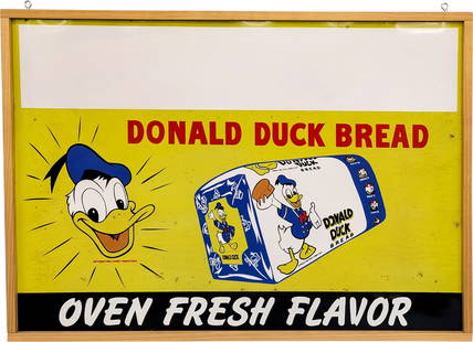 Walt Disney Donald Duck Bread SST Sign In Wood Frame: 41" x 29" SST sign showcases good color and a shiny surface, along with a blank privilege panel at the top. There are minor signs of surface wear and minor light rust. The field has a few very shallow