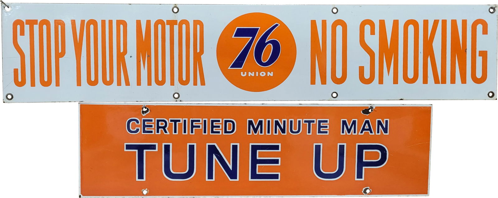 Union 76 Stop Your Motor No Smoking and Minuteman Tune Up Porcelain Signs (1 of 2)