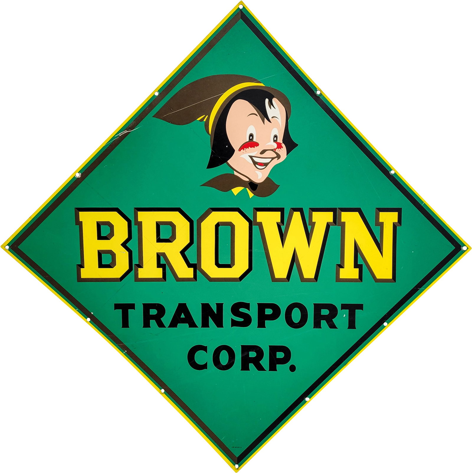 Brown Transport Corp. SST Sign: 37" x 37" SST sign displays brightly colored graphics. There is a long scratch across the top in the boy's hat and there are additional scratches in the field. The mounting holes along the perimeter h