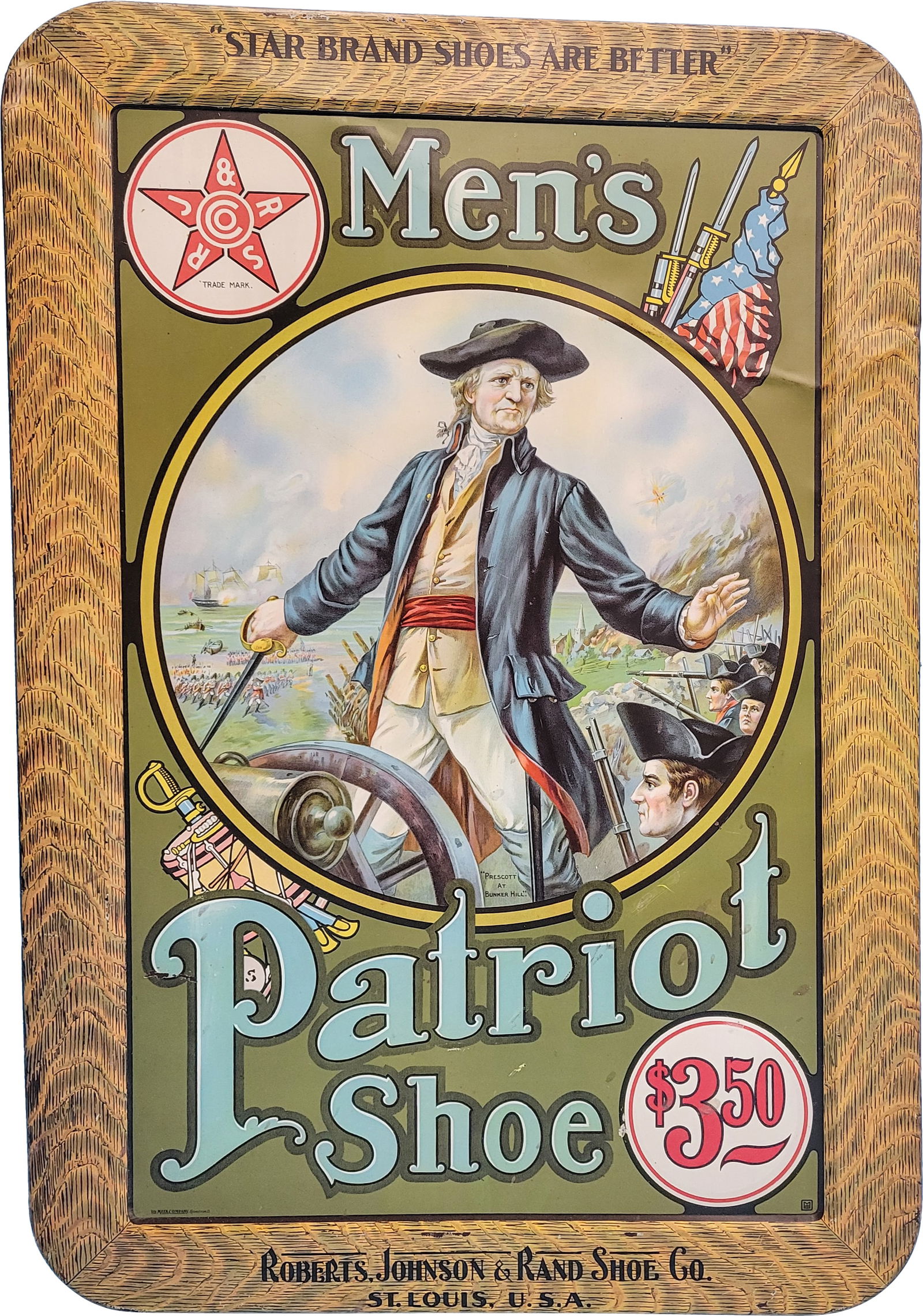Star Brand Men's Patriot Shoe Sign TAC: 18" x 26" Robert's, Johnson & Rand Shoe Co. single sided self framed tin Star Brand Men's Patriot Shoe sign with excellent detailed graphics of Colonel William Prescott at Bunker Hill. The sign has br