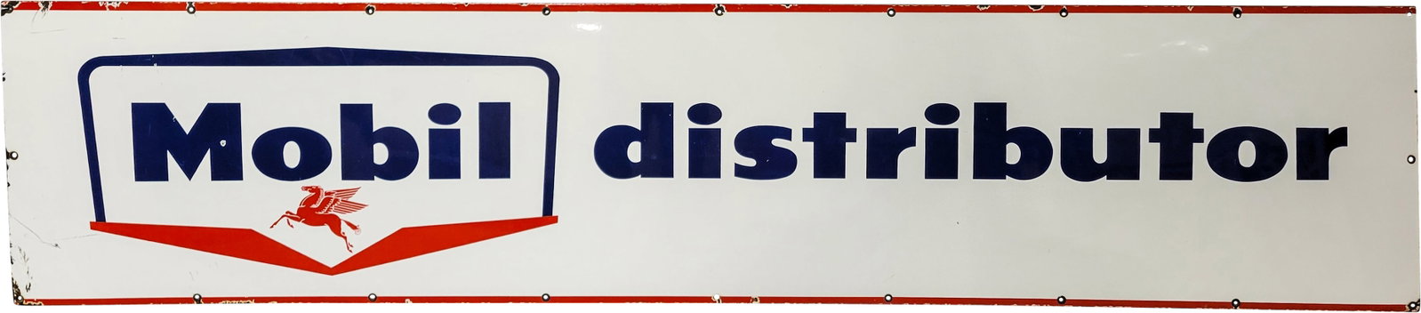 Mobil Distributor 8' Horizontal SSP Logo Sign: 21" x 96", SSP sign has excellent color and gloss. The field has light wear with a chip in the "M". The perimeter has marks with chips at mount holes and edges. The sign features classic Mobil colors 