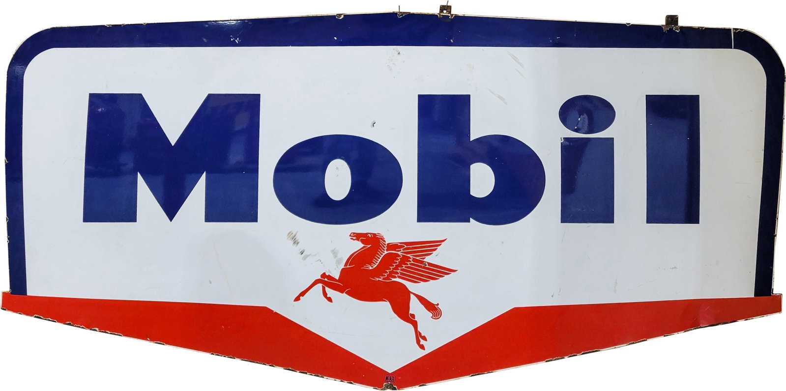 Mobil Gasoline 7' SSP Die Cut ID Sign w/ Pegasus: 41" x 82", SSP die cut sign has very good color and gloss. The field exhibits chips with marks, crazing and discoloration. The perimeter has scuffs with chips along the outer edges. Marked McAX. Overa
