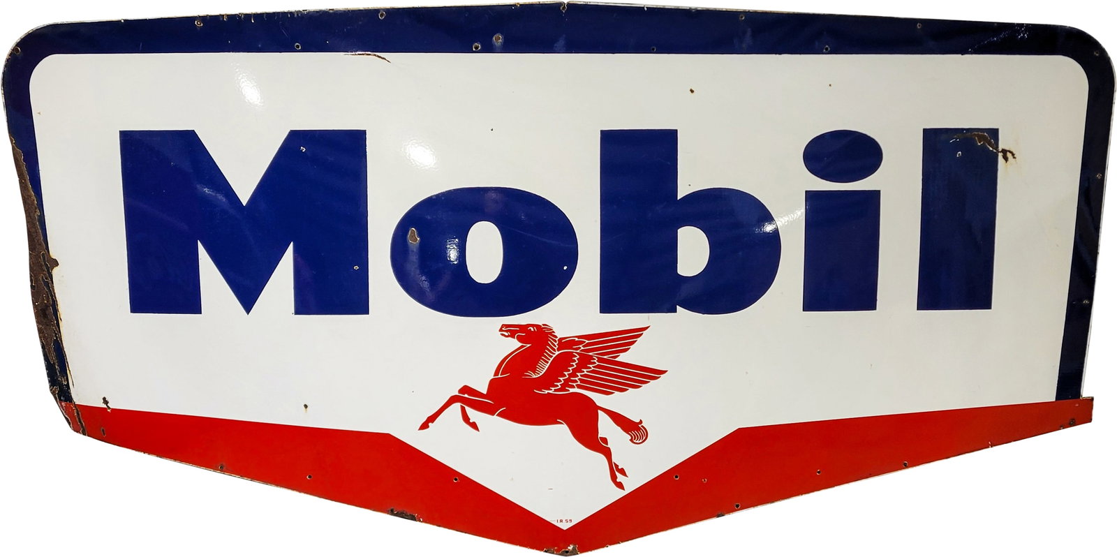 Mobil Gasoline Service Station 7.5' Die Cut SSP ID Sign w/ Pegasus: 51" x 103", SSP die cut sign has very good color and gloss. The field exhibits chips with two slight bends with crazing. The perimeter has small non-factory holes along the upper edge, bends with porc