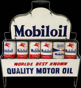 Mobiloil Double Sided Oil Can Rack: 21" x 12" x 29" Mobiloil can rack holds 12 one quart cans. 5 full cans and one empty Mobiloil can are included. The DST sign on top displays good color with minor wear. There is a nickel sized spot of