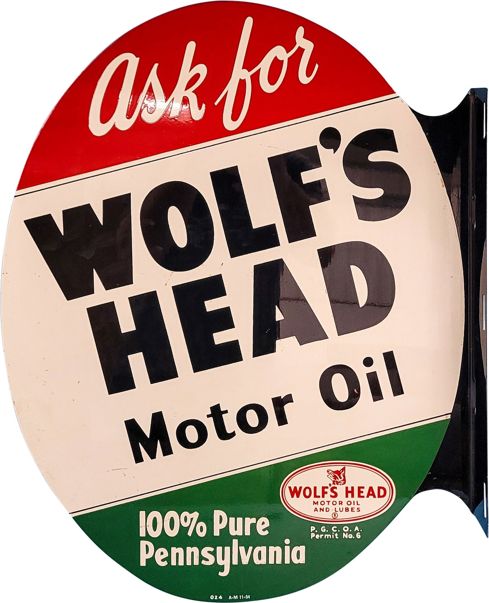 Ask For Wolf's Head Motor Oil NOS DST Flange Sign (1 of 2)