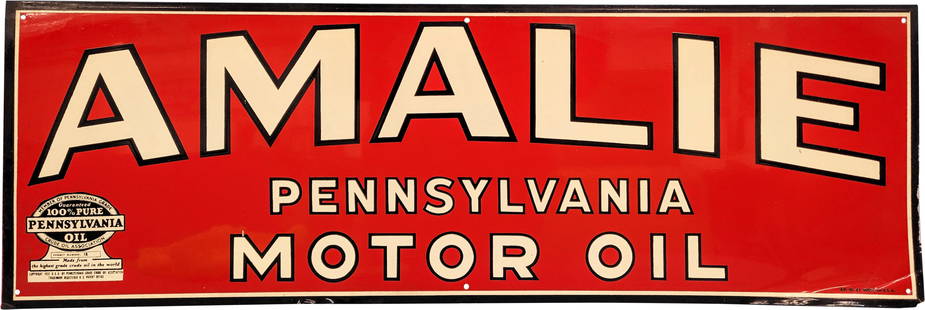 Amalie Pennsylvania Motor Oil SS Sign: 36" x 12" SS aluminum sign displays strong color and high shine with light scuffs in the field. The bottom perimeter has several small bends and the right corner is bent. AM 10-47. Condition: 8.5.
