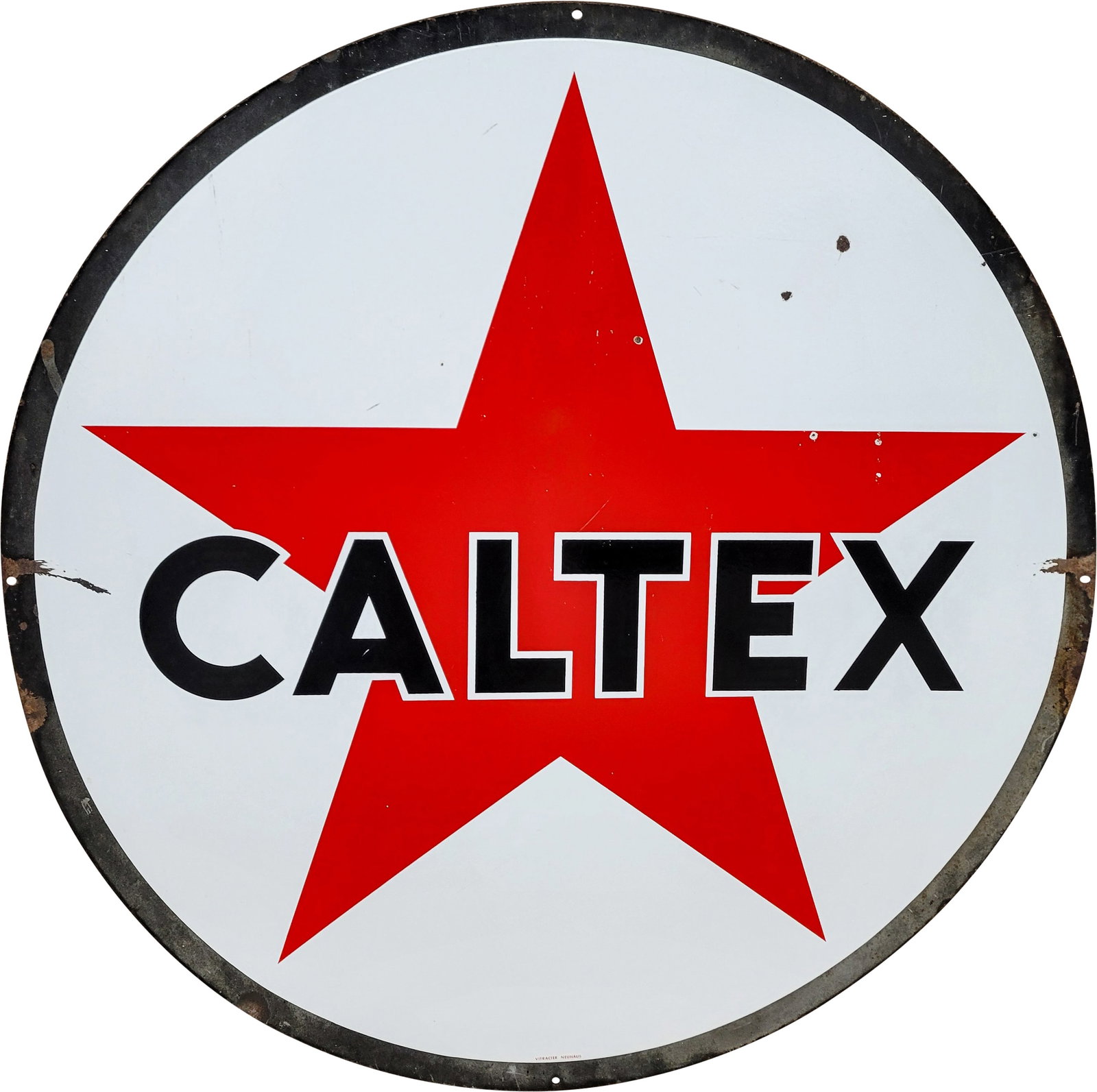 Caltex Gasoline 39" DSP Logo Sign: 39", DSP sign has very good color and gloss. Side #1 has fine scratches with small chips in the fields. The perimeter has fading to the outer black border with chips and minor edge bends. The reverse 